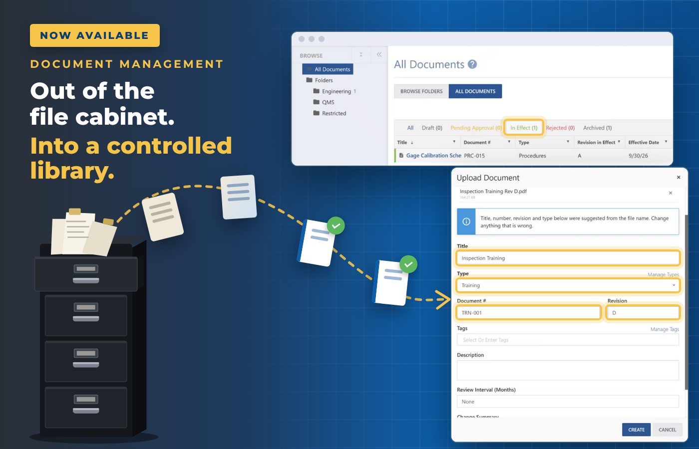 Document Management in Net-Inspect: paper documents move from a file cabinet into the All Documents library and upload screen.