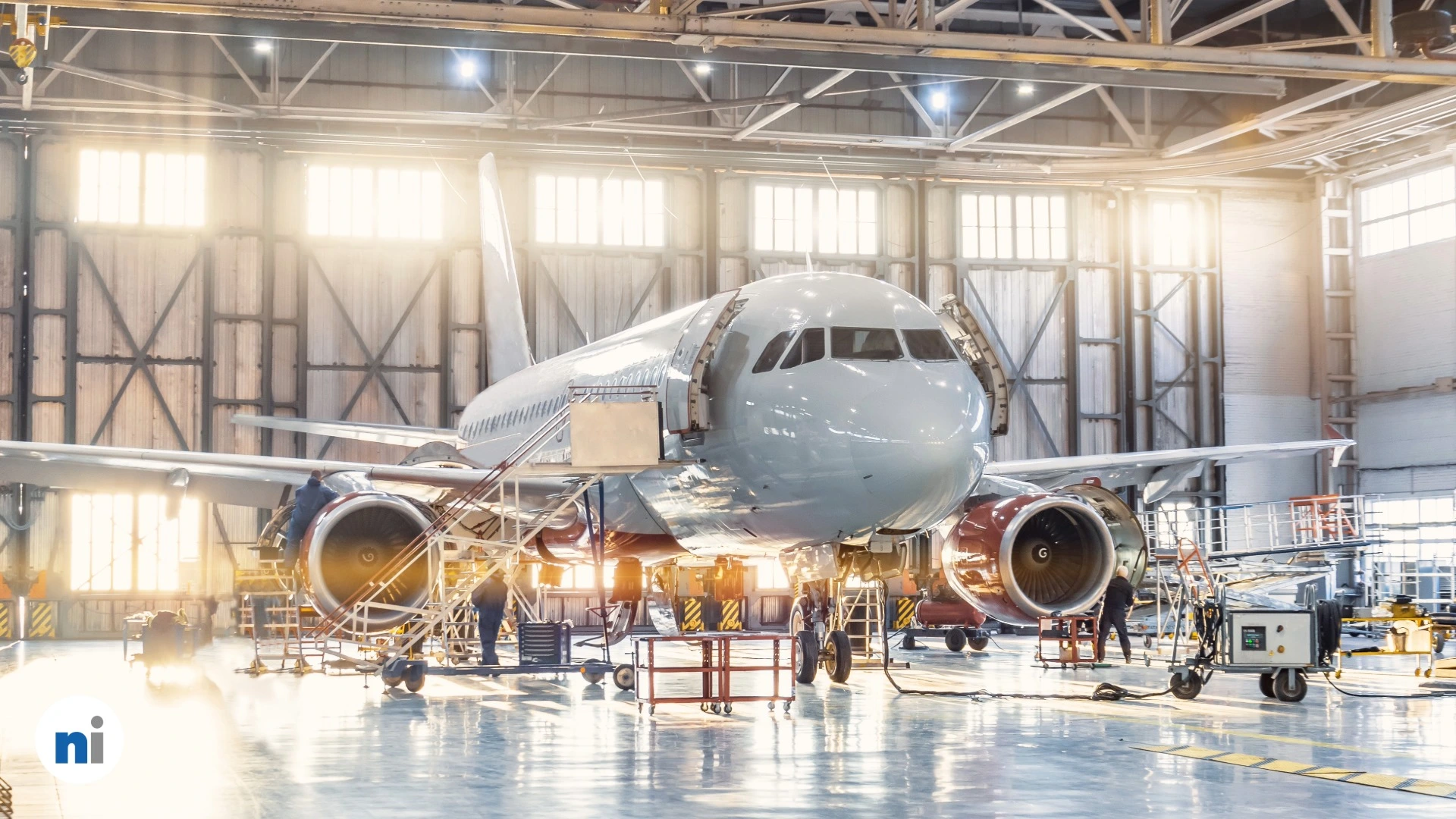 Modern aerospace manufacturing facility with aircraft assembly line showing precision engineering and quality control processes in clean industrial environment