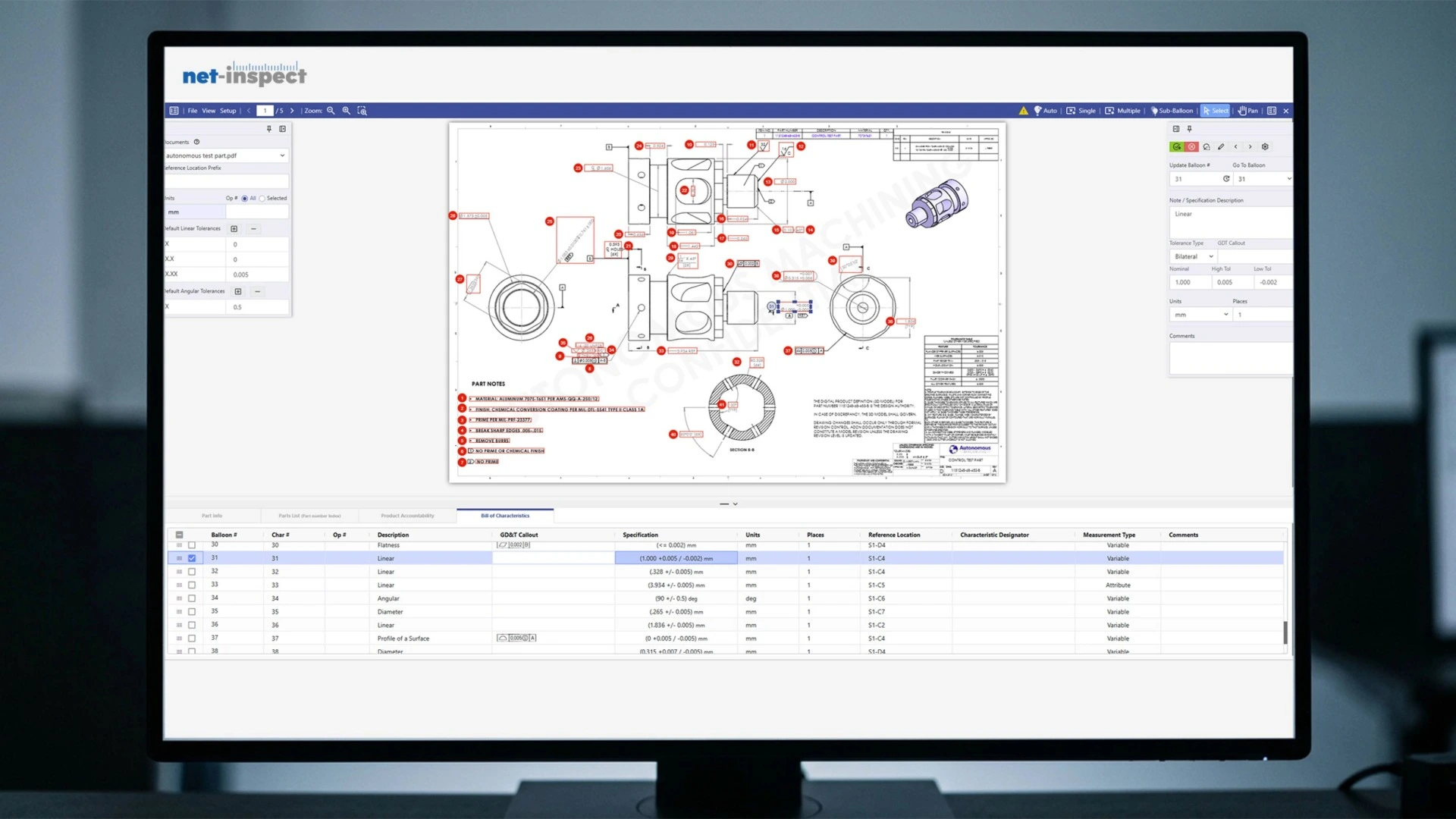 Net-Inspect Auto Balloon Summary dialog showing 10 characteristics ballooned successfully, with a Bill of Characteristics listing dimension balloon count illustrating automated FAI drawing ballooning in action