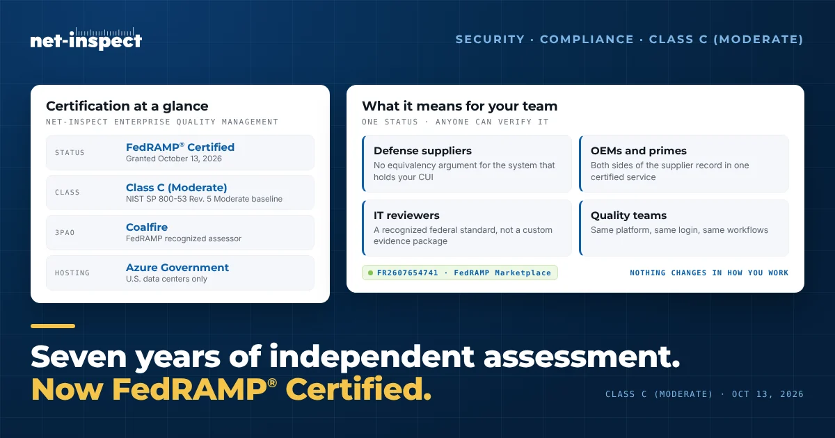 Net-Inspect quality management platform, FedRAMP Certified at Class C (Moderate), protecting aerospace and defense inspection data