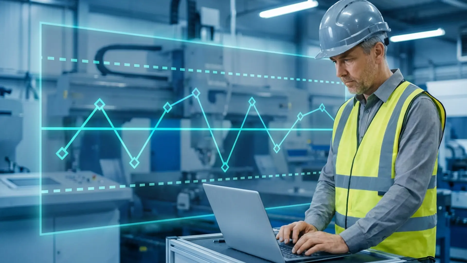 Manufacturing professional in safety vest and hard hat monitors SPC data on laptop with control chart overlay showing process variation on factory floor.