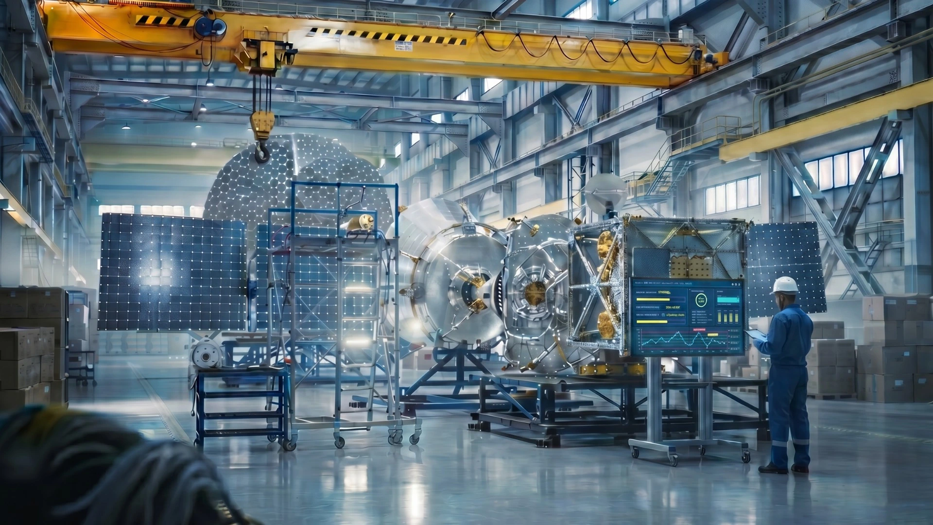 Engineer reviewing quality data on a monitor inside a large aerospace manufacturing facility where a satellite is being assembled