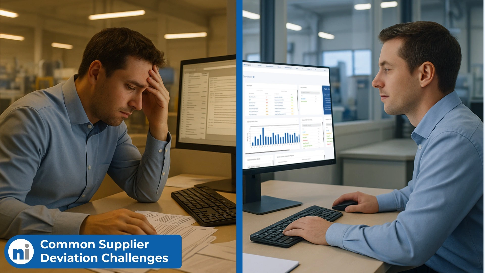 Split-screen comparison showing frustrated quality engineer with cluttered email inbox versus organized quality manager using supplier deviation management dashboard - illustrating common supplier deviation challenges