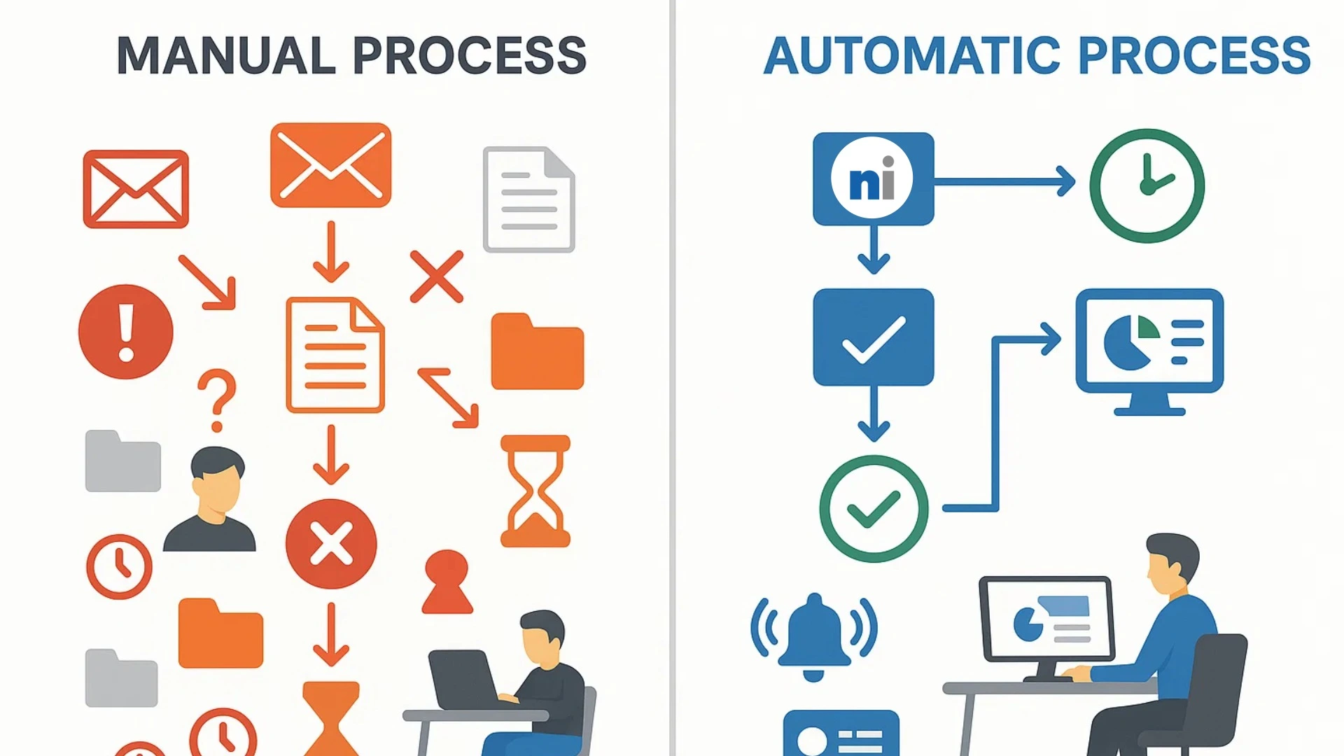 Split-screen comparison showing frustrated quality engineer with cluttered email inbox versus organized quality manager using supplier deviation management dashboard - illustrating common supplier deviation challenges