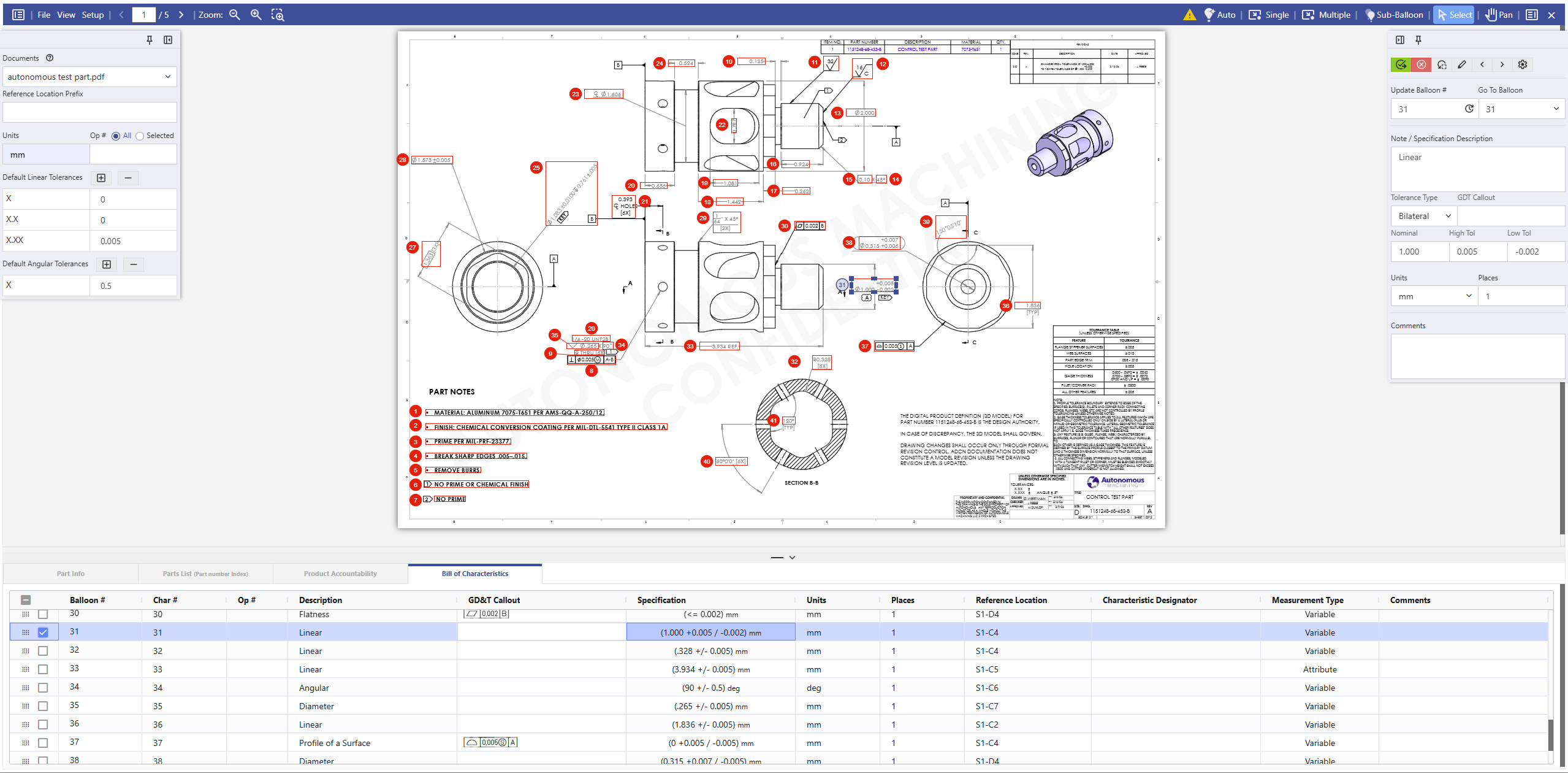 Net-Inspect Ballooning Tool automatically numbering dimensions and callouts on a 2D aerospace engineering drawing, with AS9102 characteristic data auto-populating into the FAI workflow